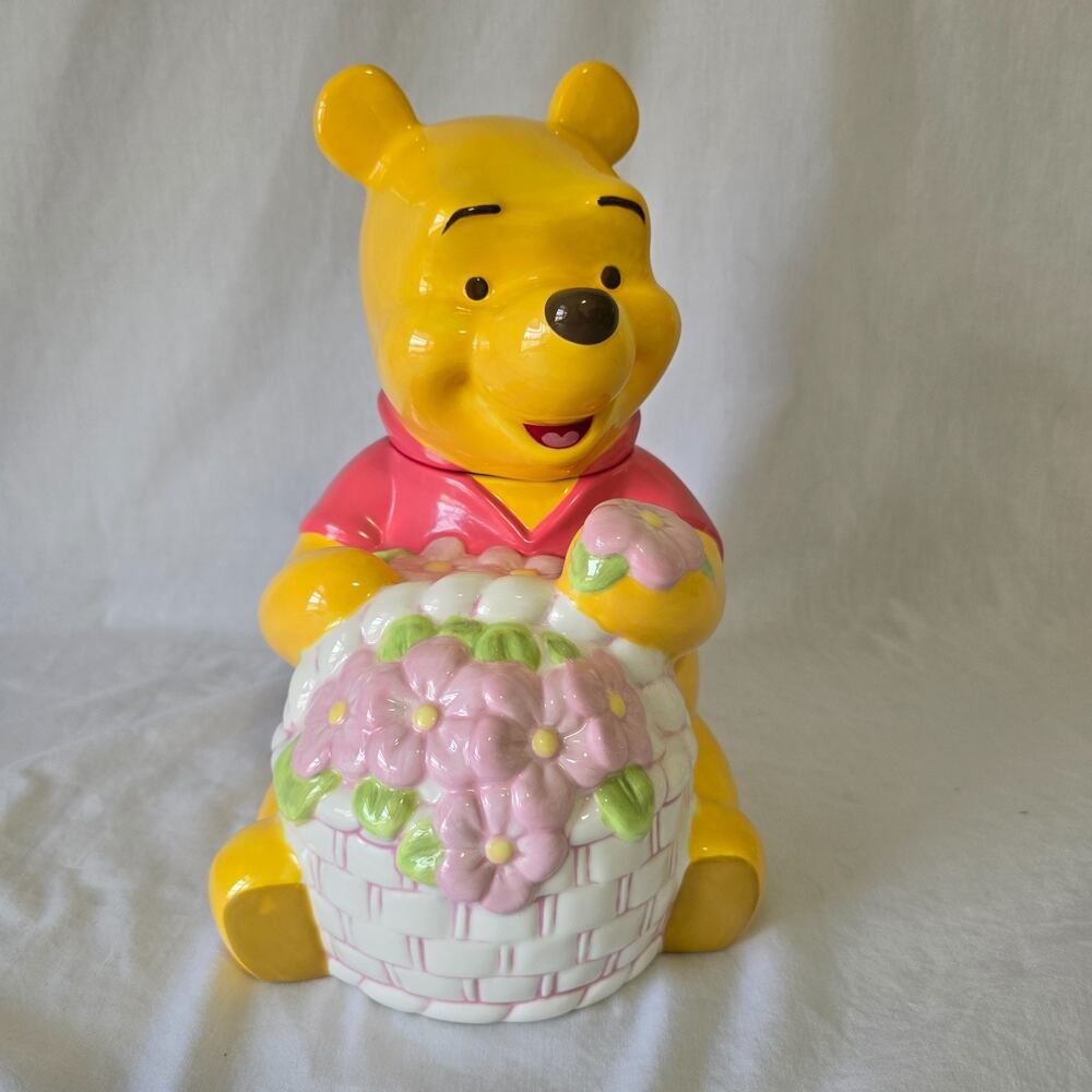 Disney Winnie the Pooh Cookie Jar Holding Basket of Spring Flowers Vintage